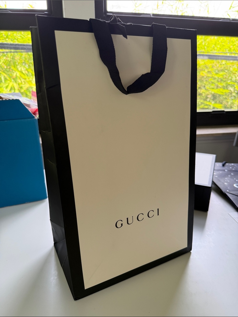 Tall Gucci Cream and Black Logo Gift Bag